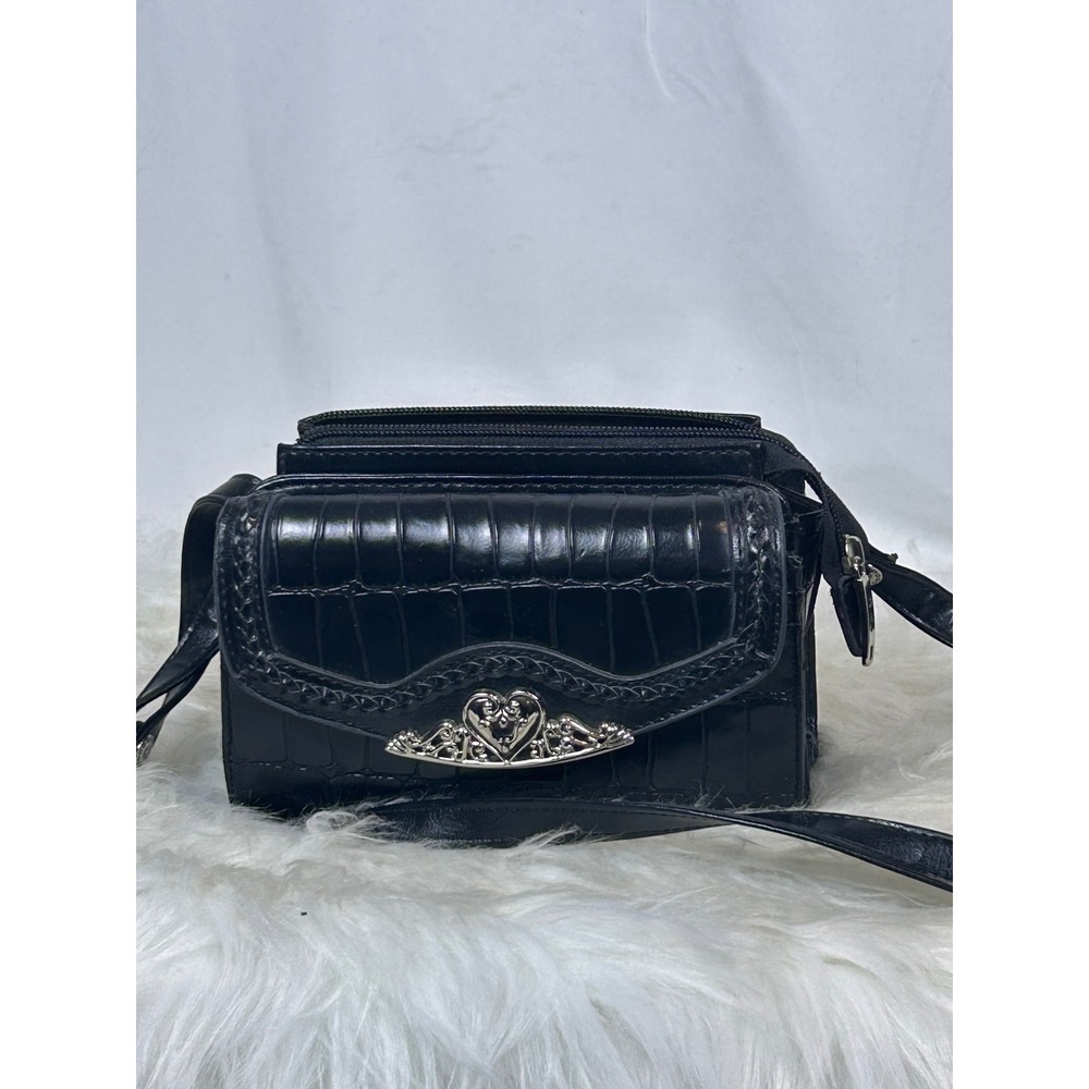 M.C. Black Faux Croc Embossed Crossbody Bag Heart Tiara Silver Hardware Gothic